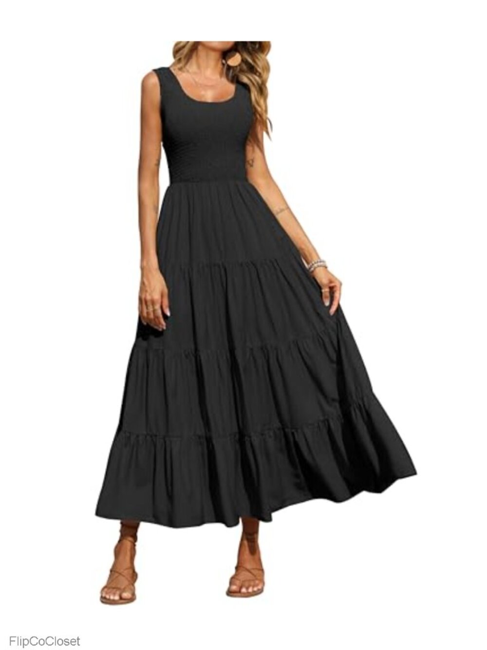 Women's Smocked Tank Maxi Sundress with Pockets Sleeveless Tiered